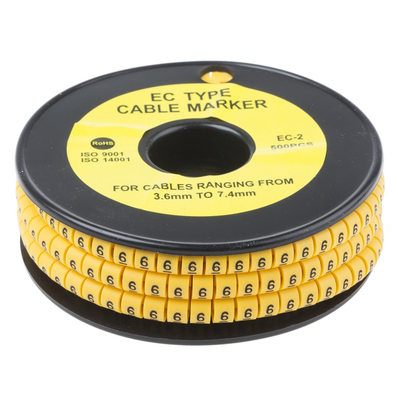 1 Reel of 500 - RS PRO Slide On Cable Markers, Black on Yellow, Pre-printed '6', 3.6 - 7.4mm Cable