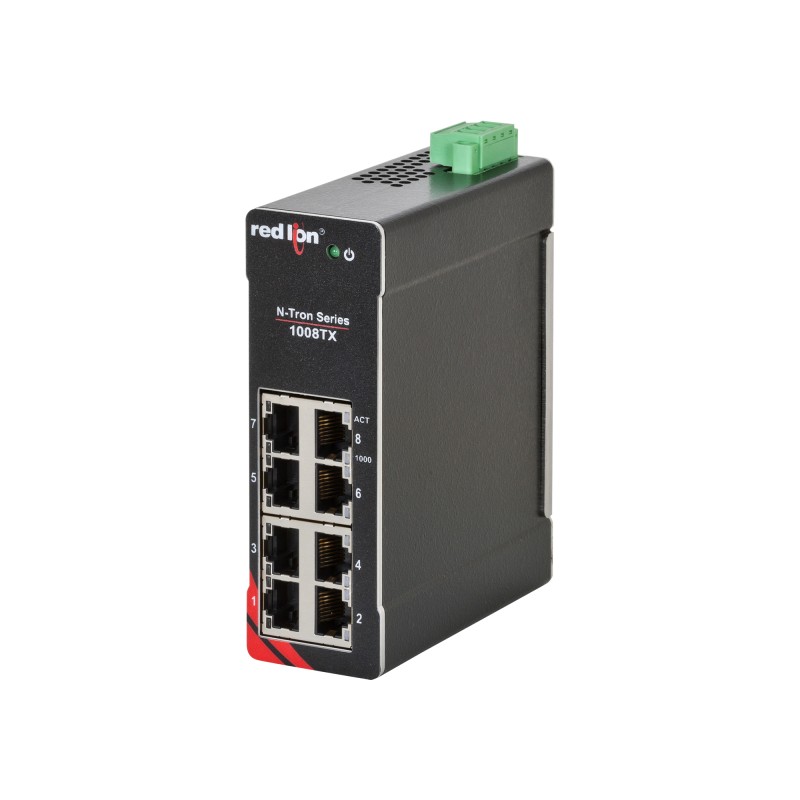 1 pcs - Red Lion 1008TX Series DIN Rail Mount Unmanaged Ethernet Switch, 8 RJ45 Ports, 10 - 49V dc