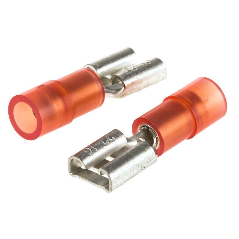 100 pcs - RS PRO Red Insulated Female Spade Connector, Receptacle, 6.35 x 0.8mm Tab Size, 0.5mm² to 1.5mm²