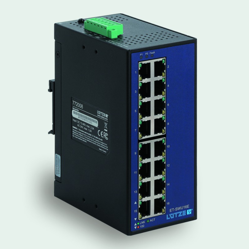 1 pcs - F Lutze Ltd DIN Rail Mount Unmanaged Ethernet Switch, 16 RJ45 Ports, 10/100Mbit/s Transmission, 12 - 48V dc