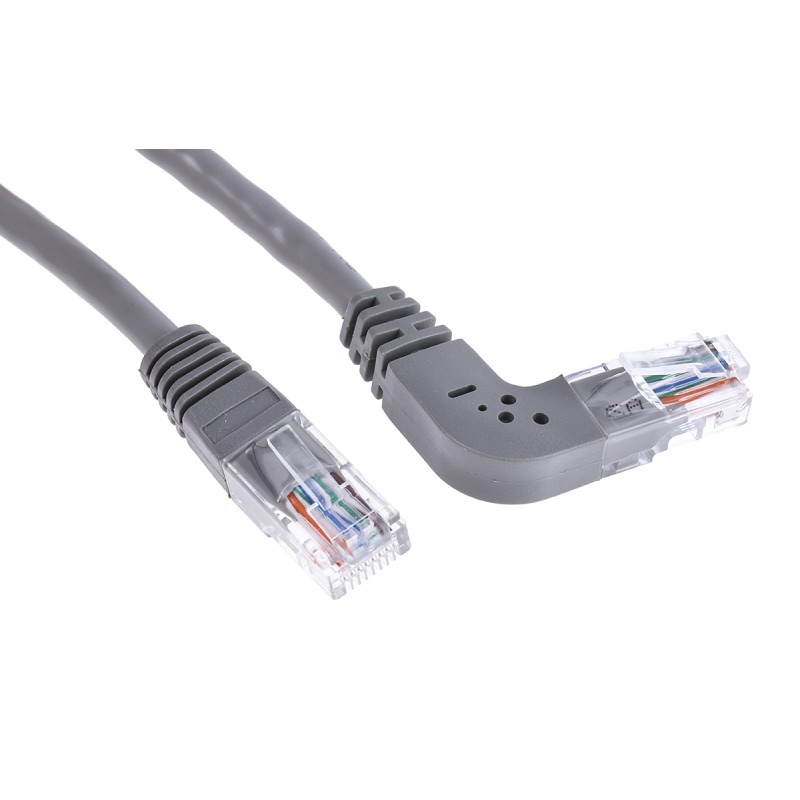 1 pcs - RS PRO Cat5e Straight Male RJ45 to Right Angle Male RJ45 Ethernet Cable, U/UTP, Grey PVC Sheath, 2m