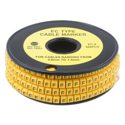 1 Reel of 500 - RS PRO Slide On Cable Markers, Black on Yellow, Pre-printed 'F', 3.6 - 7.4mm Cable