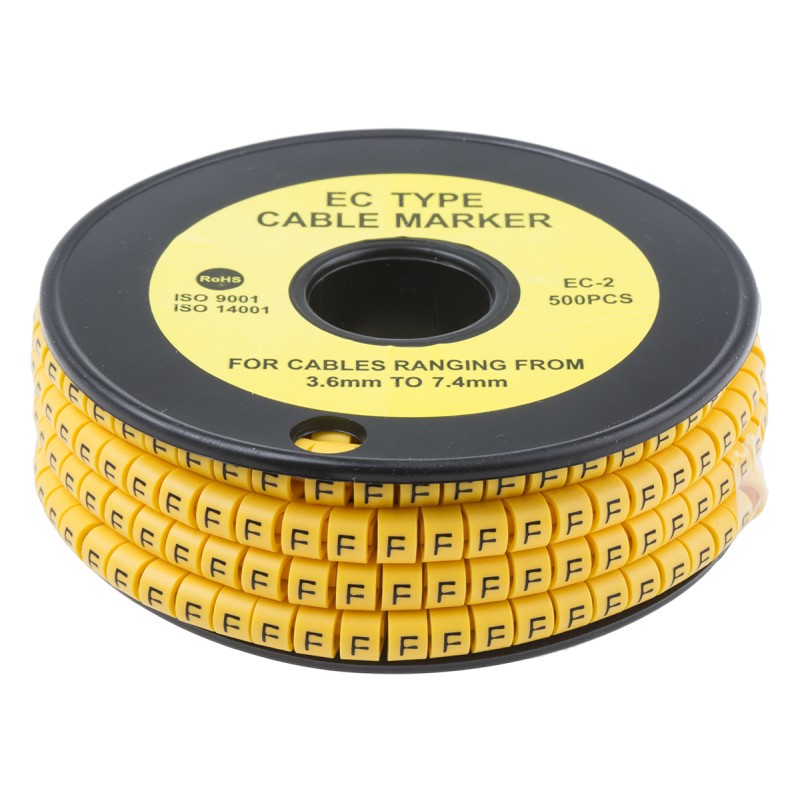 1 Reel of 500 - RS PRO Slide On Cable Markers, Black on Yellow, Pre-printed 'F', 3.6 - 7.4mm Cable