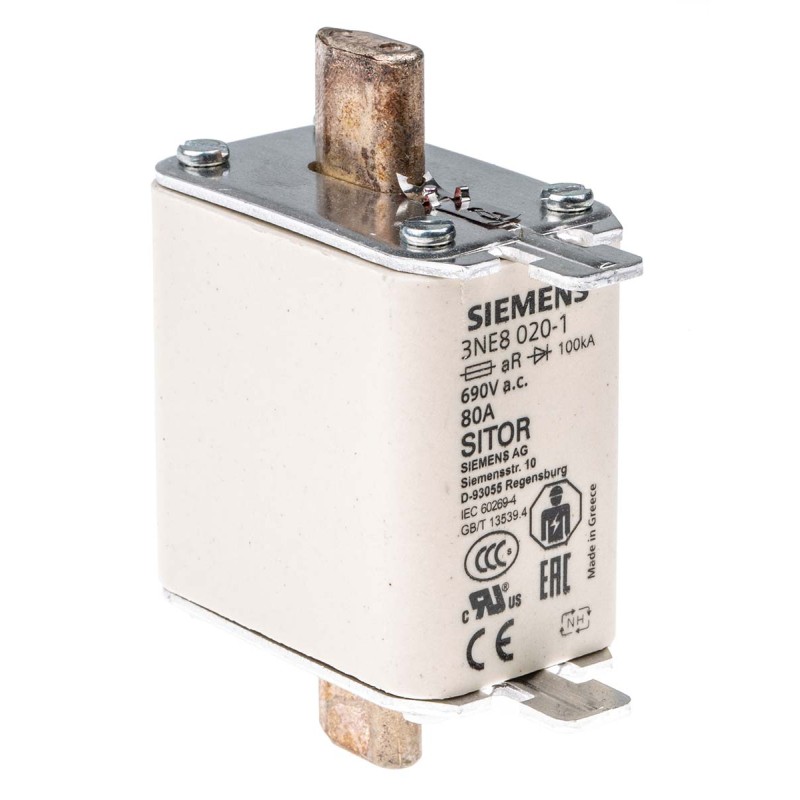 3 pcs - Siemens 80A Centred Tag Fuse, NH00, 690V ac