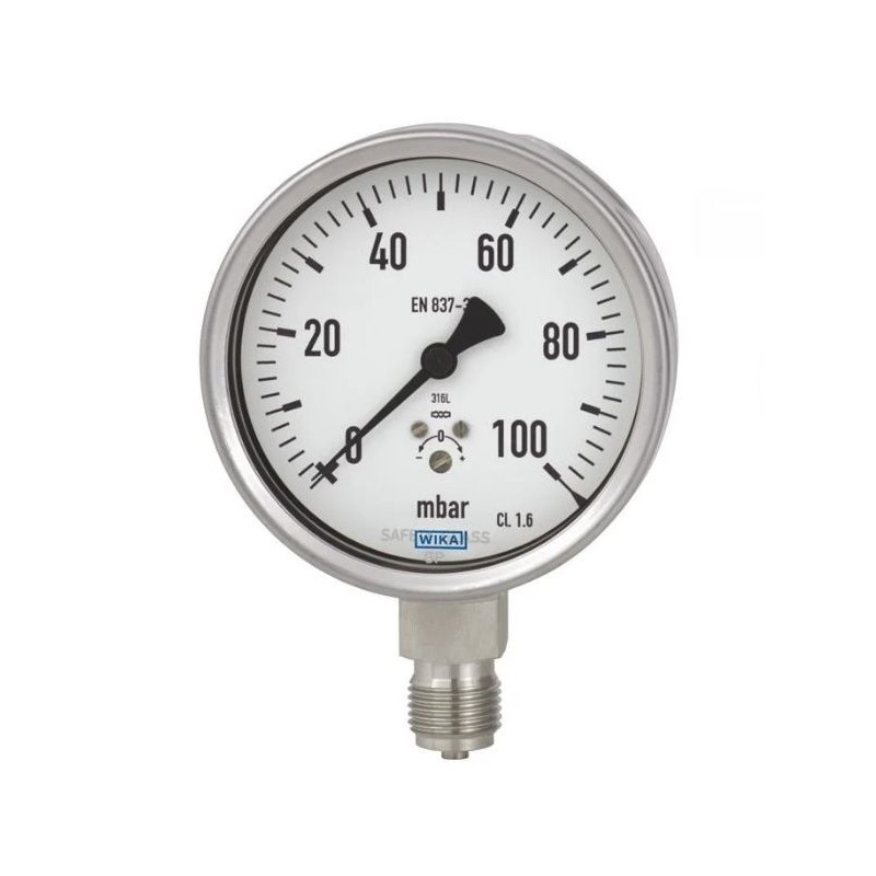 1 pcs - WIKA NPT 1/2 Analogue Pressure Gauge 60mbar Bottom Entry, 48785306, 0mbar min.