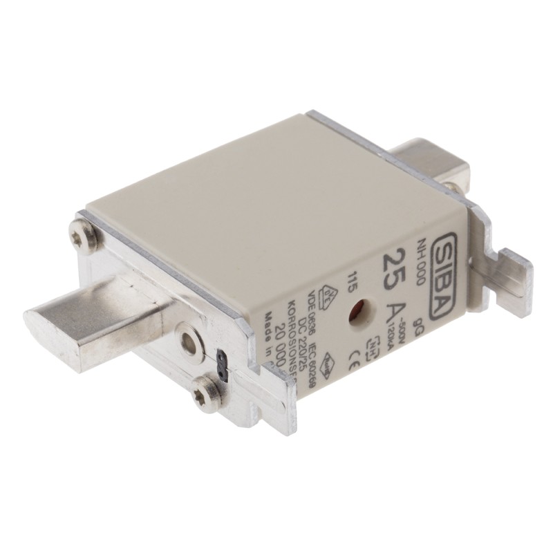 3 pcs - SIBA 25A NH Fuse, NH000, 500V ac