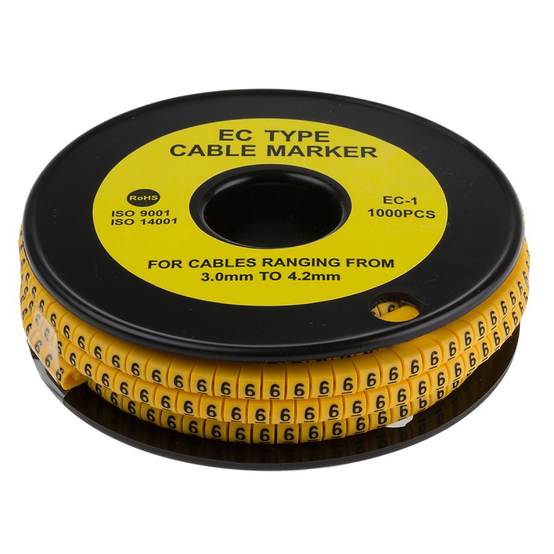 1 Reel of 1000 - RS PRO Slide On Cable Markers, Black on Yellow, Pre-printed '6', 3 - 4.2mm Cable