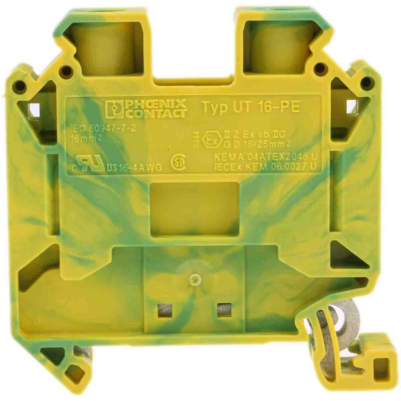 5 pcs - Phoenix Contact UT 16-PE Series Green/Yellow Earth Terminal Block, 1.5 - 25mm², Single-Level, Screw Termination,