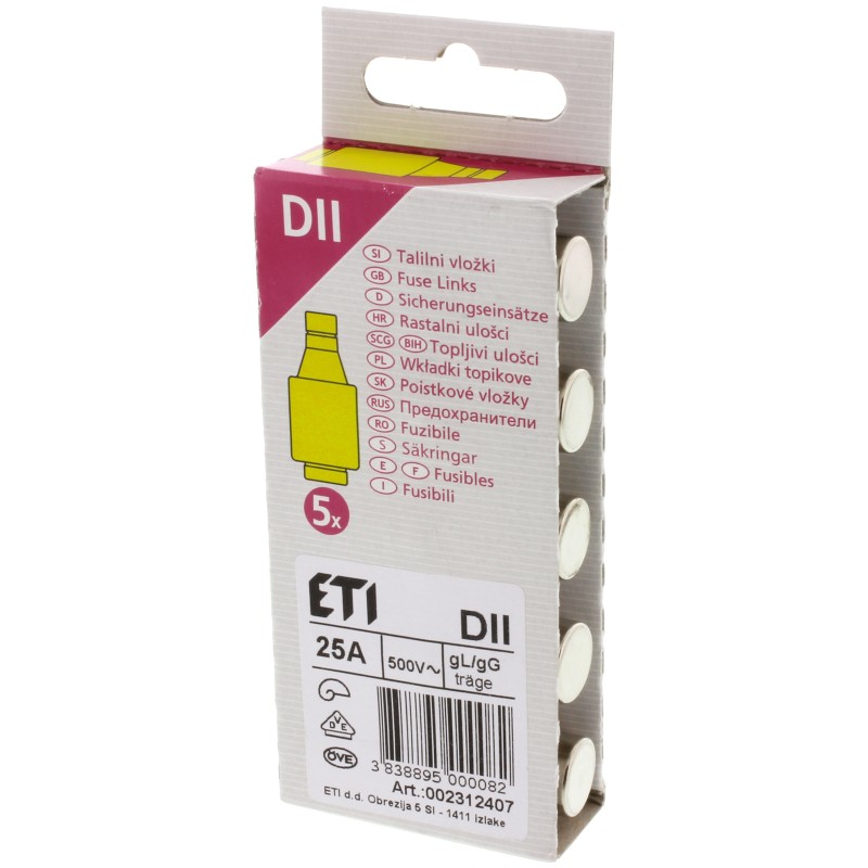 5 pcs - ETI 25A DII Diazed Fuse, E27 Thread Size, gG - gL, 500V ac