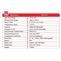 1 pcs - RS PRO Thermocouple Simulator Calibrator Thermometer for HVAC, Industrial Use, E, J, K, N, R, S, T Probe, 2 Input(s),
