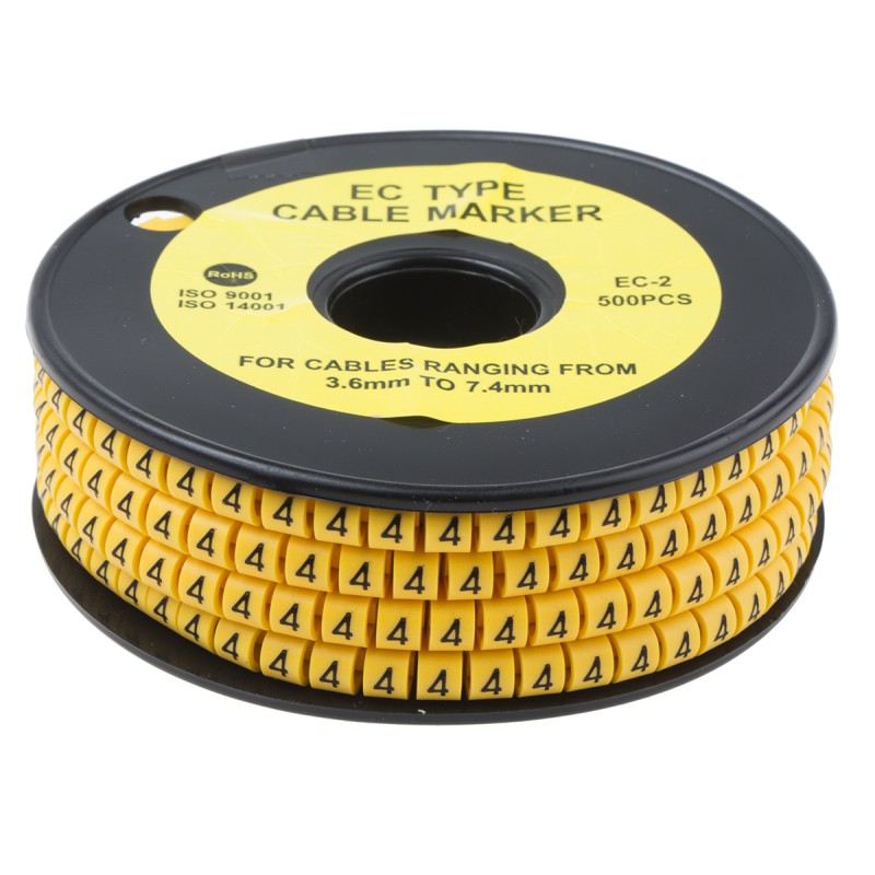 1 Reel of 500 - RS PRO Slide On Cable Markers, Black on Yellow, Pre-printed '4', 3.6 - 7.4mm Cable