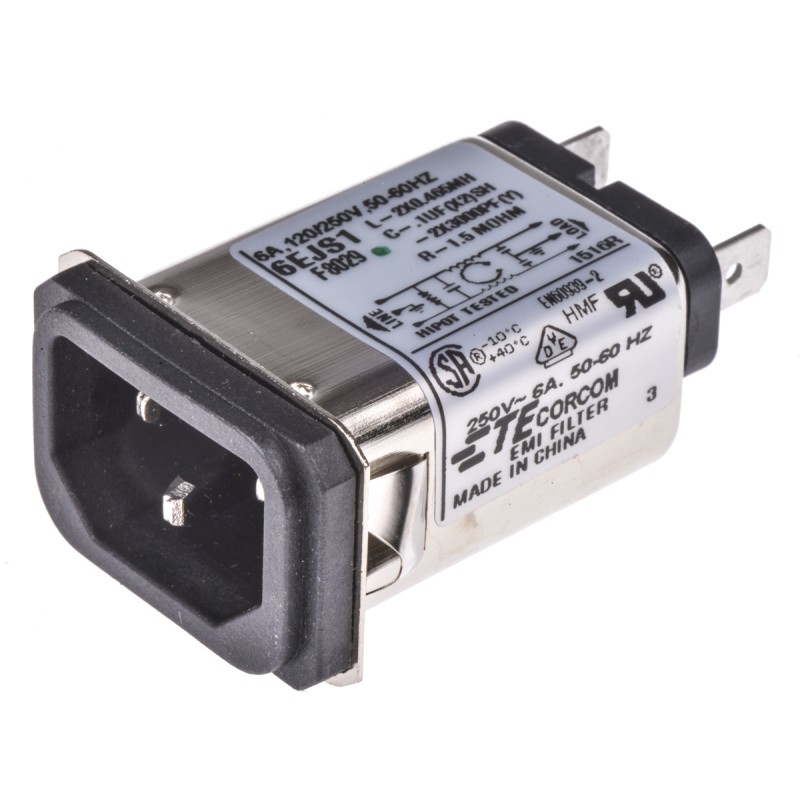 1 pcs - TE Connectivity 6A, 250 V ac Male Snap-In IEC Filter 1-6609006-2, Spade None Fuse