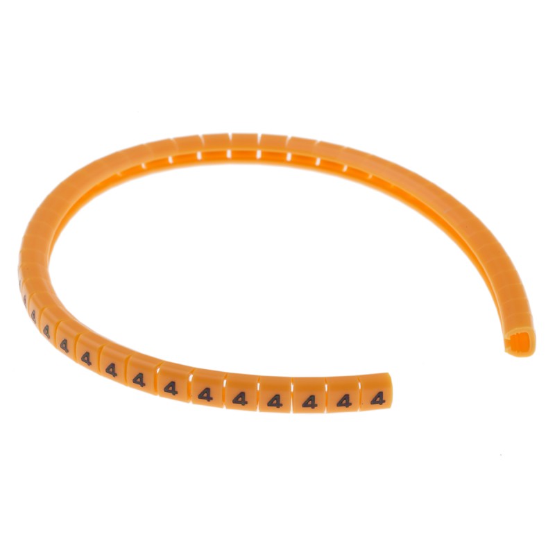 1 Reel of 100 - RS PRO Snap On Cable Markers, Black on Orange, Pre-printed '4', 3 - 3.4mm Cable