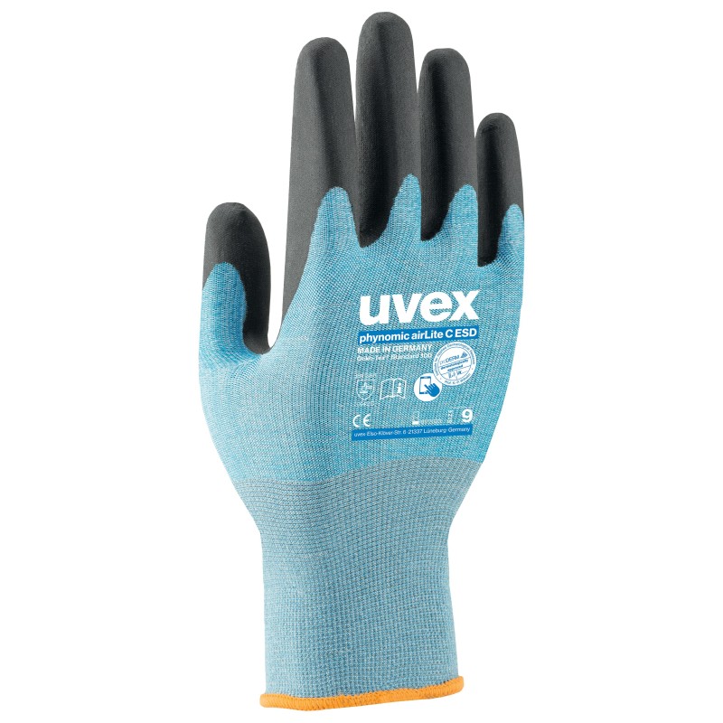 1 Pair - Uvex Blue Elastane, Polyamide ESD Safety Anti-Static Gloves, Size 9, Large, Aqua Polymer Coating