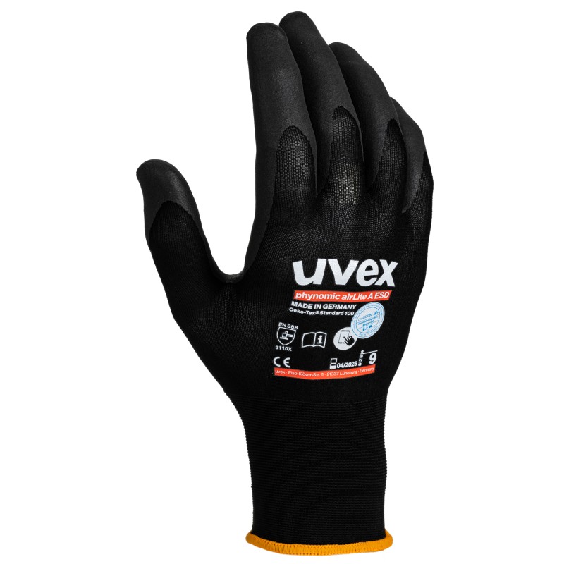 1 Pair - Uvex Black Elastane, Polyamide ESD Safety Anti-Static Gloves, Size 9, Large, Aqua Polymer Coating