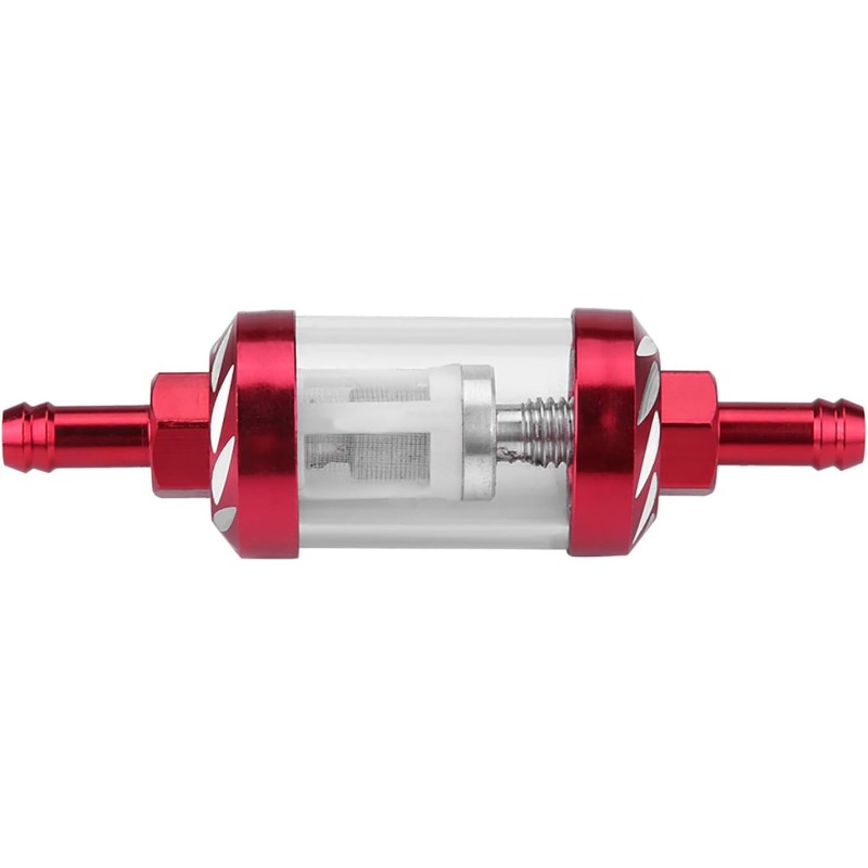 Burgundy metal fuel filter for a motorcycle, scooter