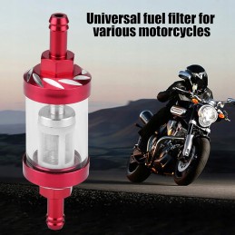 Burgundy metal fuel filter for a motorcycle, scooter