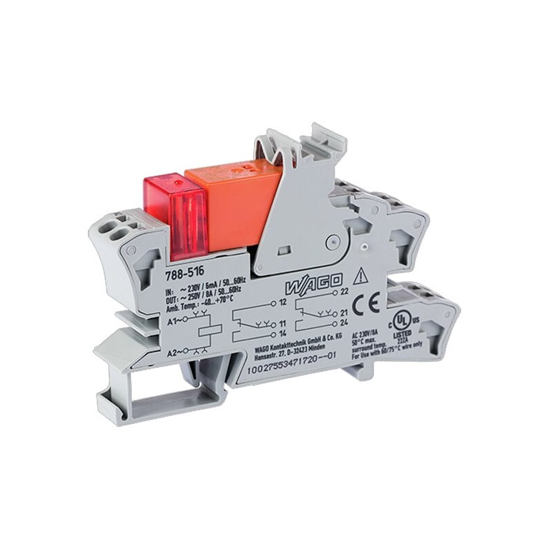 1 Pack of 1 - Wago Relay Module, DIN Rail Mount, 230V ac Coil, DPDT, 2-Pole, 8A Load