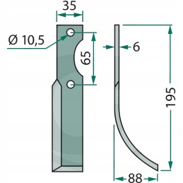 Curved knife, right, working width 88mm, opening spacing