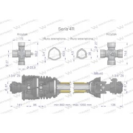 Articulated and telescopic shaft 860 1050mm 540nm wide