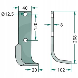 Bent left knife, working width 102mm, opening spacing