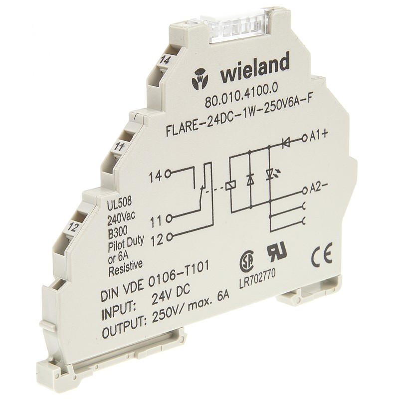 1 pcs - Wieland flare Series Interface Relay, DIN Rail Mount, 24V dc Coil, SPDT, 1-Pole