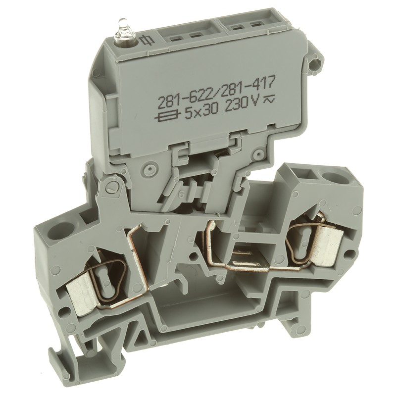 1 pcs - Wago 281 Series Grey Fuse Terminal Block, 4mm², Single-Level, Cage Clamp Termination, Fused