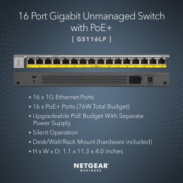 1 pcs - Netgear GS108LP, Unmanaged 16 Port Ethernet Switch With PoE