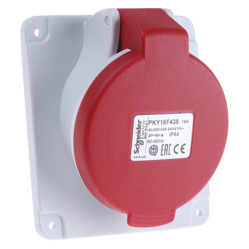 1 pcs - Schneider Electric, PratiKa IP44 Red Panel Mount 3P + N + E Right Angle Industrial Power Socket, Rated At 16A, 415 V