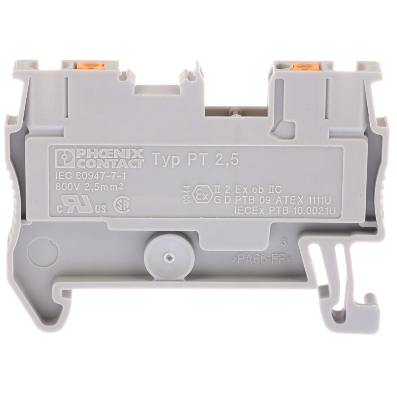 10 pcs - Phoenix Contact PT 2.5 Series Grey Feed Through Terminal Block, 0.14 - 4mm², Single-Level, Push In Termination,