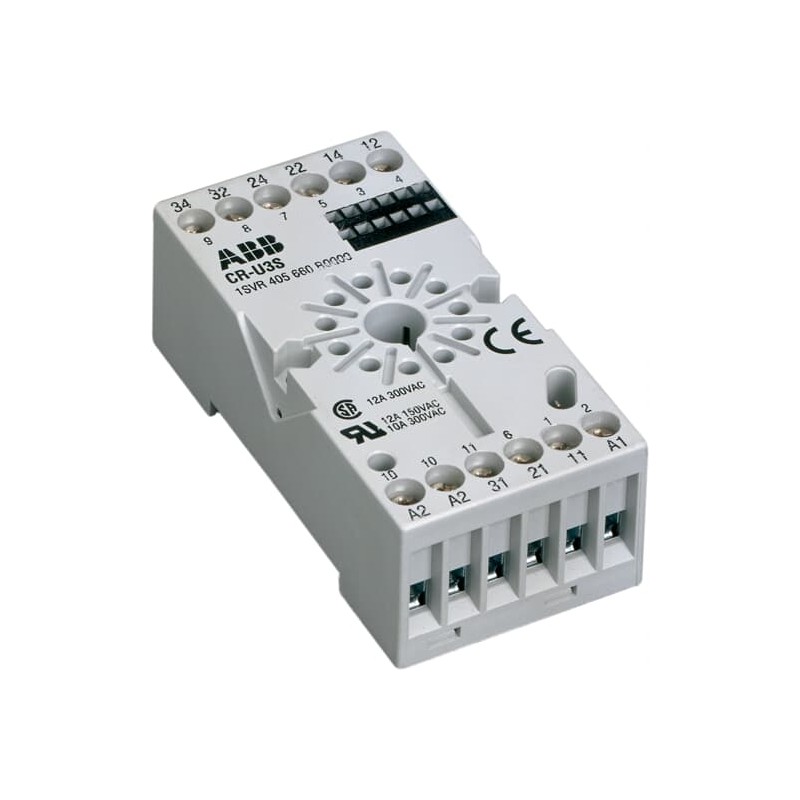 1 pcs - ABB CR-U 3 Pin DIN Rail Relay Socket, for use with CR-U Interface Relay