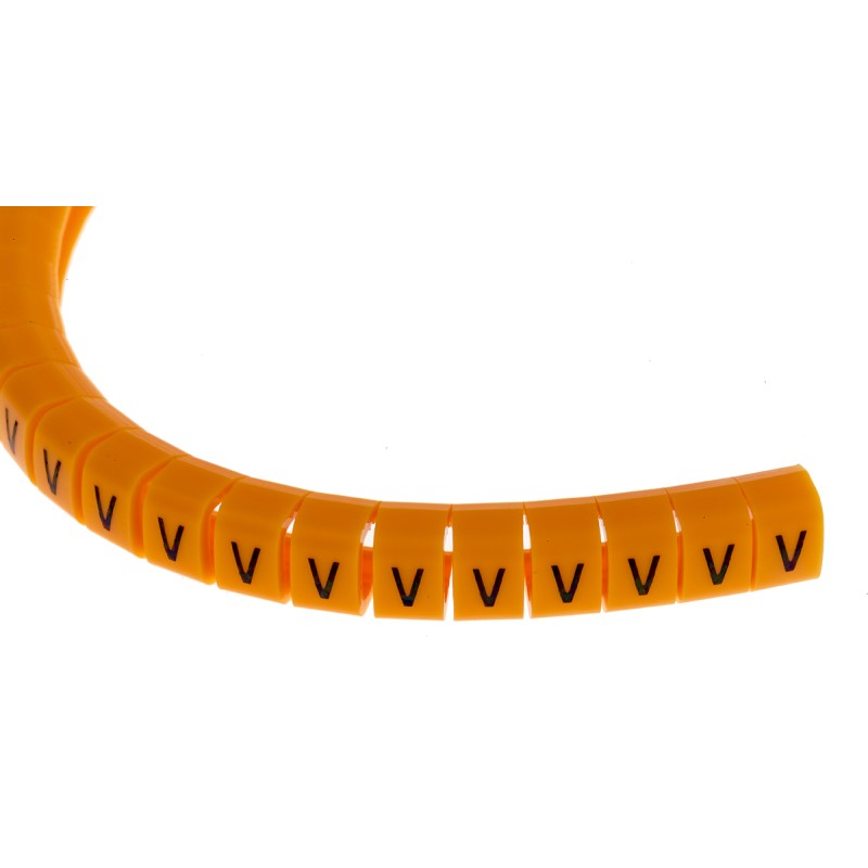 1 Reel of 100 - RS PRO Snap On Cable Markers, Black on Orange, Pre-printed 'V', 4 - 5mm Cable