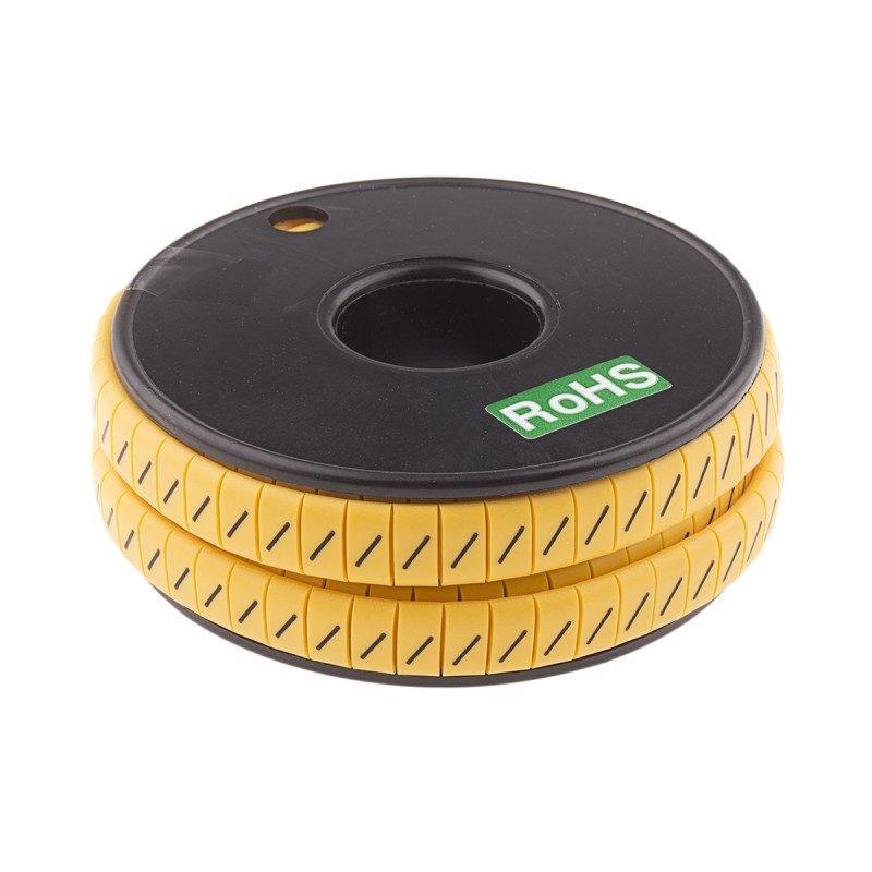 1 Reel of 500 - RS PRO Slide On Cable Markers, Black on Yellow, Pre-printed '/', 3.5 - 7mm Cable