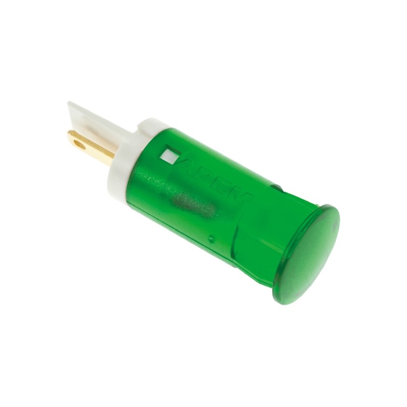 1 pcs - Apem Green Panel Mount Indicator, 220V ac, 12mm Mounting Hole Size, Faston, Solder Lug Termination