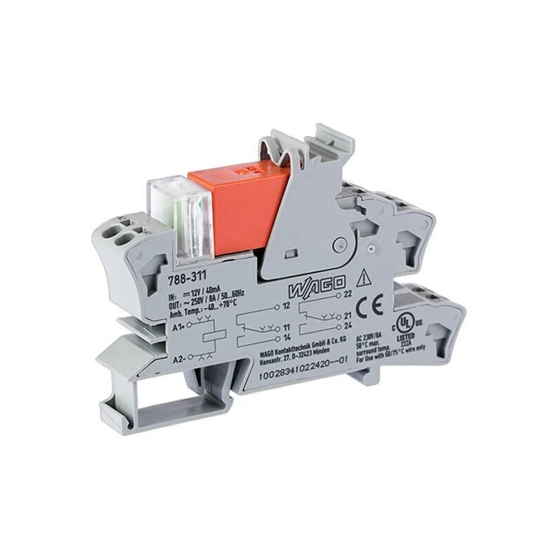 1 pcs - Wago 788 Series Interface Relay, DIN Rail Mount, 12V dc Coil, DPDT, 8A Load