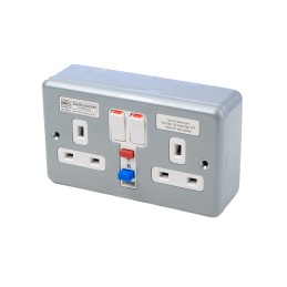 1 pcs - MK Electric 13A, BS Fixing, Active, 2 Gang RCD Socket, Steel, Surface Mount, Switched, 250 V ac, Grey