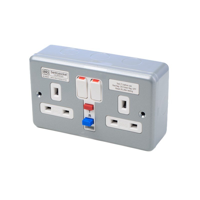 1 pcs - MK Electric 13A, BS Fixing, Active, 2 Gang RCD Socket, Steel, Surface Mount, Switched, 250 V ac, Grey