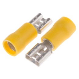100 pcs - RS PRO Yellow Insulated Female Spade Connector, Receptacle, 6.35 x 0.8mm Tab Size, 4mm² to 6mm²