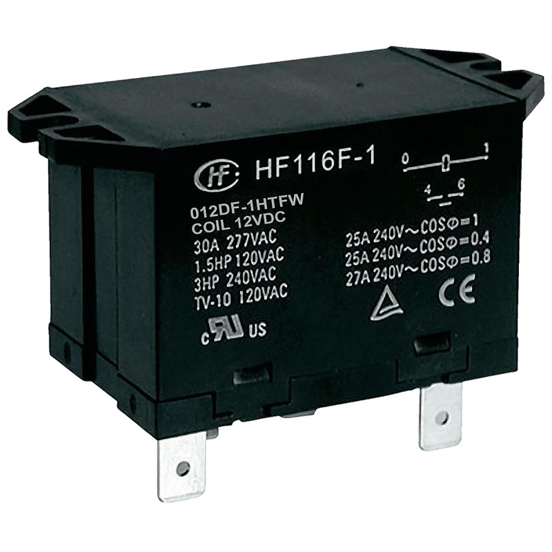 1 pcs - Hongfa Europe GMBH Flange Mount Power Relay, 12V dc Coil, 30A Switching Current, SPST