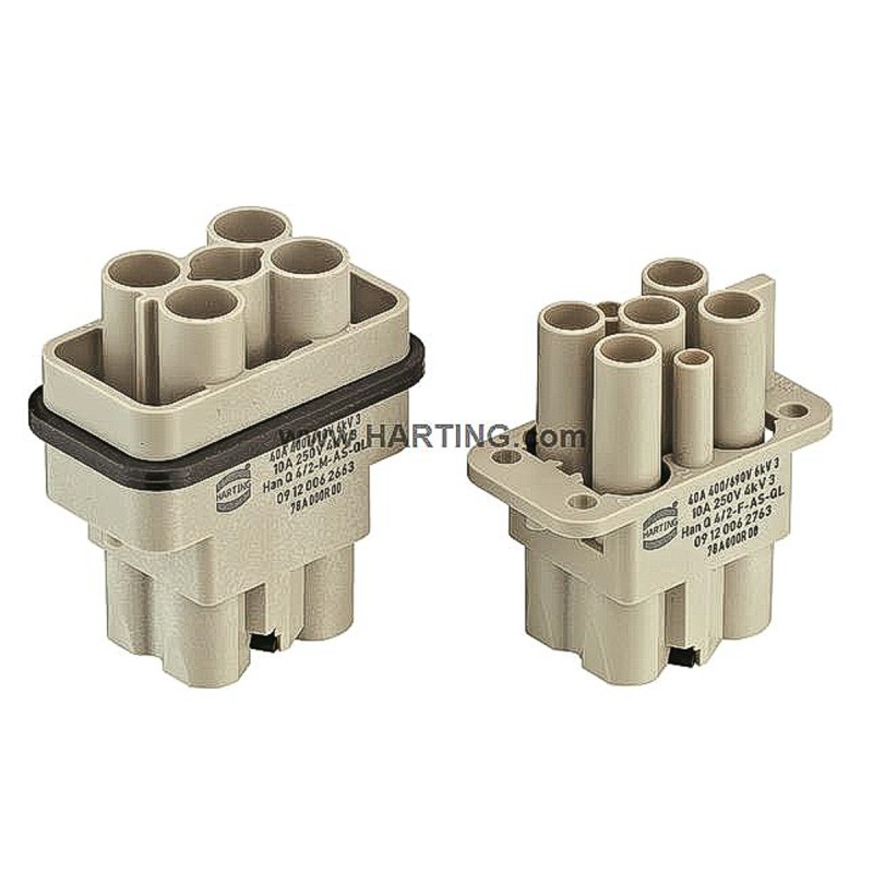 10 pcs - HARTING Heavy Duty Power Connector Insert, 40A, Male, Han Q Series, 6 Contacts