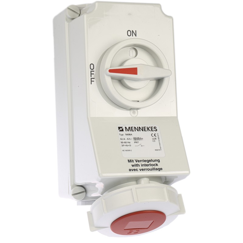1 pcs - MENNEKES Switchable IP67 Industrial Interlock Socket 3PN+E, Earthing Position 6h, 32A, 400 V