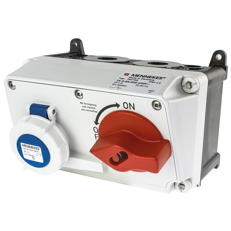1 pcs - MENNEKES Right Angle Switchable IP67 Industrial Interlock Socket 2P+E, Earthing Position 6h, 16A, 230 V