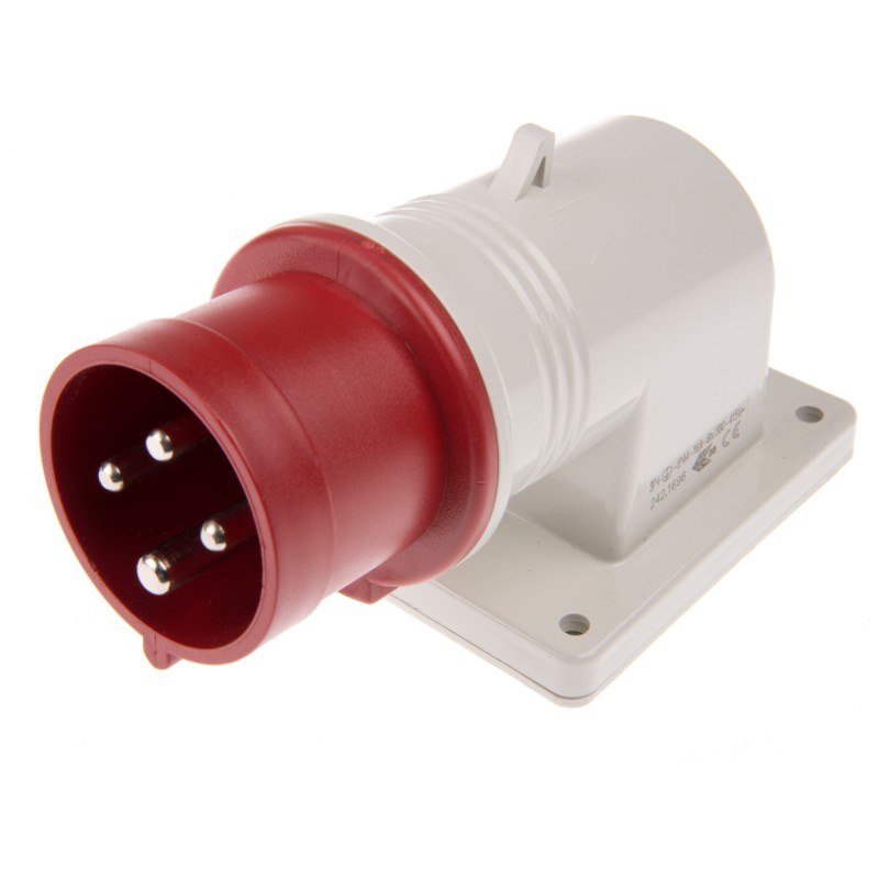 1 pcs - Scame IP44 Red Wall Mount 3P + E Right Angle Industrial Power Plug, Rated At 16A, 415 V
