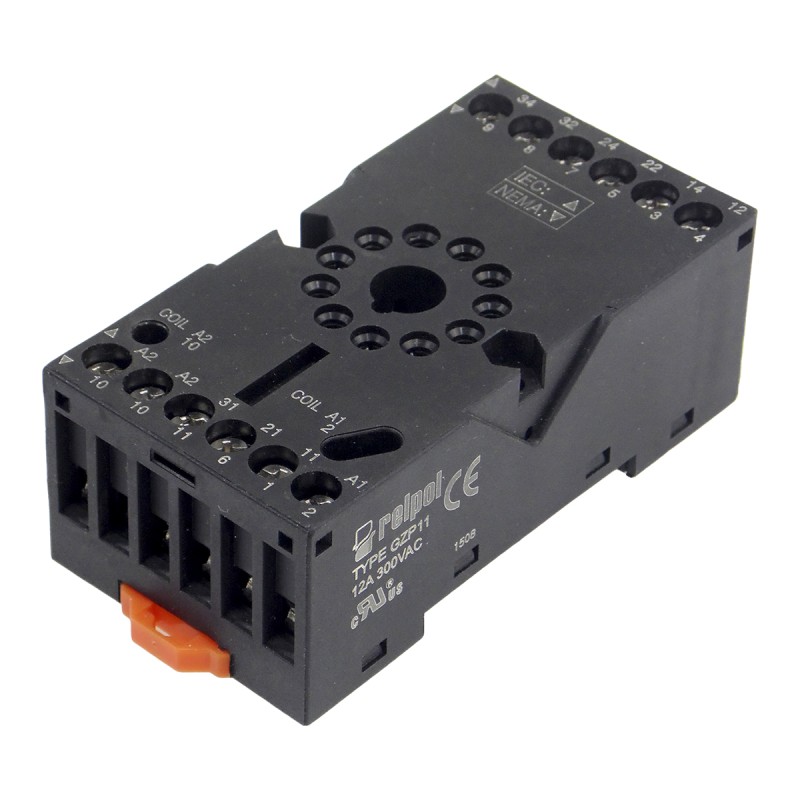 1 pcs - Relpol 11 Pin 300V ac DIN Rail Relay Socket, for use with R15 Relay