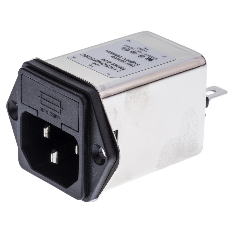 1 pcs - Schaffner 6A, 250 V ac Male Panel Mount IEC Filter FN261-6-06, Faston 1 Fuse