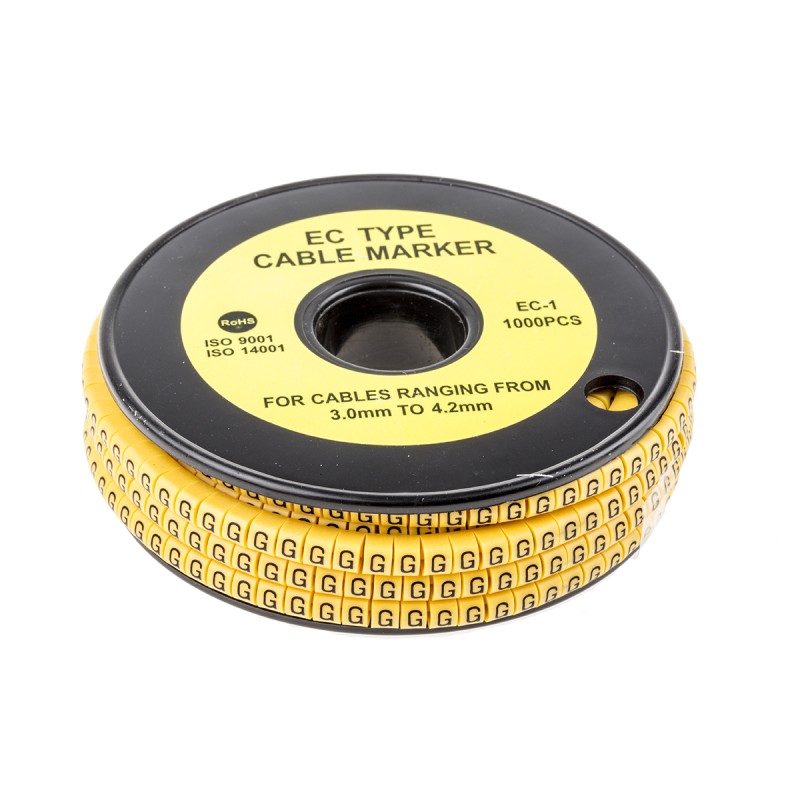 1 Reel of 1000 - RS PRO Slide On Cable Markers, Black on Yellow, Pre-printed 'G', 3 - 4.2mm Cable