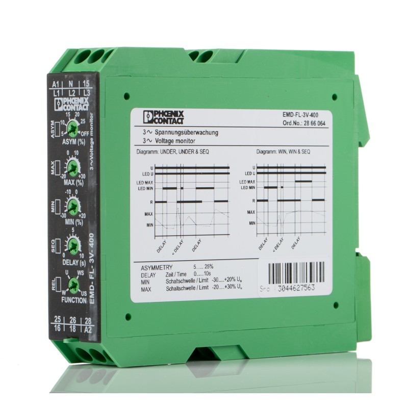 1 pcs - Phoenix Contact Phase, Voltage Monitoring Relay, 3 Phase, DPDT, 280 - 520V ac, DIN Rail