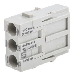 1 pcs - HARTING Heavy Duty Power Connector Module, 40A, Male, Han-Modular Series, 3 Contacts