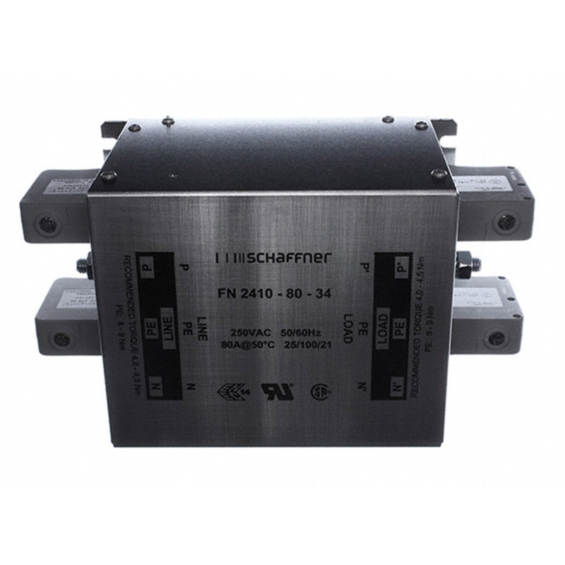 1 pcs - Schaffner, FN2410H 80A 520 V ac 250Hz, Chassis Mount EMC Filter, Terminal Block 2 Phase