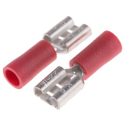 100 pcs - RS PRO Red Insulated Female Spade Connector, Receptacle, 6.35 x 0.8mm Tab Size, 0.5mm² to 1.5mm²